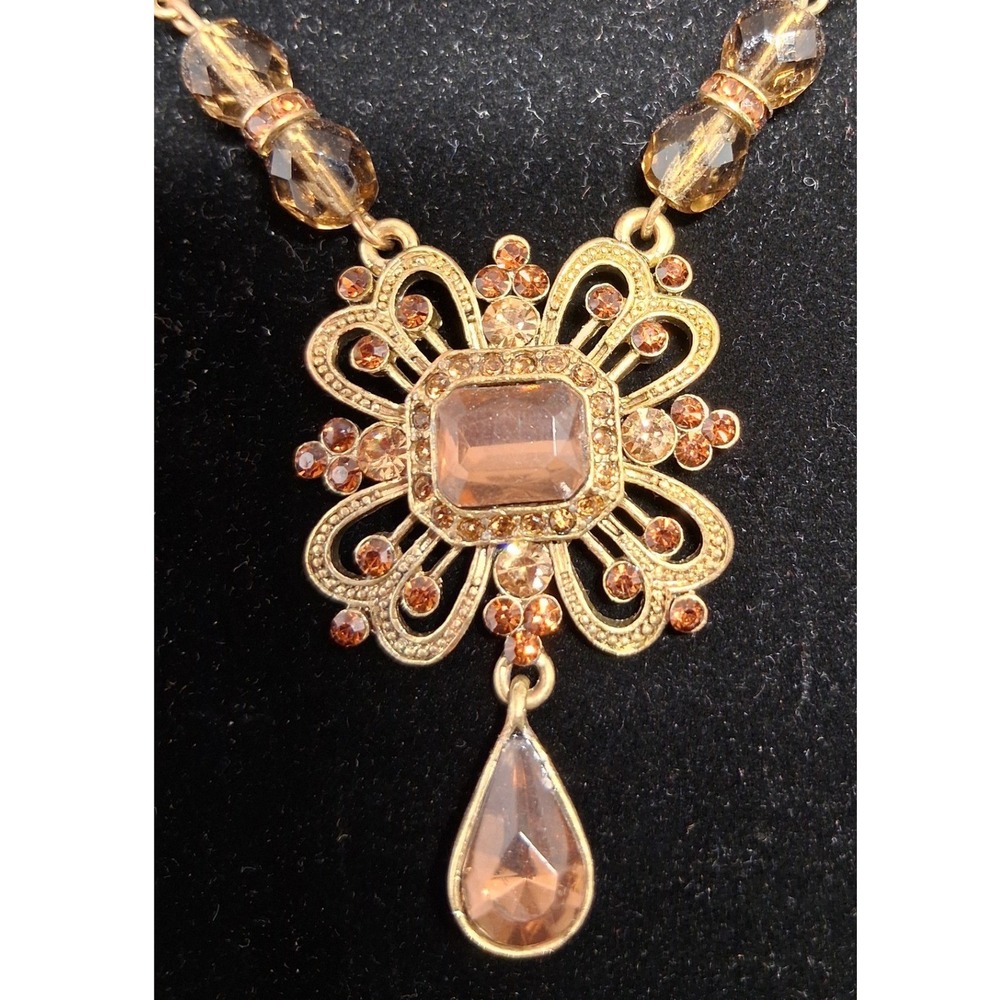 Avon Vintage Gold Tone Filigree Smoky Topaz Amb, Crystal Beaded Pendant Necklace - Picture 2 of 14
